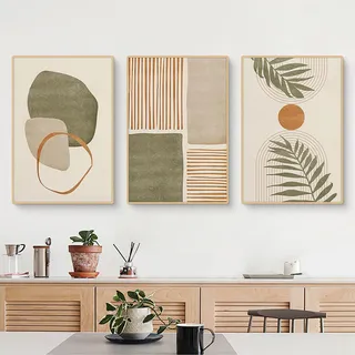 Ueiwffzo 3er Set Bilder Wohnzimmer, Boho Deko, Grüne Linien Pflanzen Poster Set ohne Rahmen, Abstrakte Leinwand Wandbilder Wanddeko für Schlafzimmer Wohnzimmer Flur (50 x 70 cm)