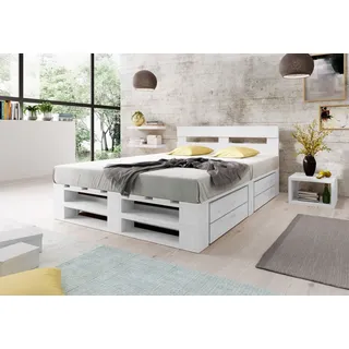 Lermowood Palettenbett M2 200 x 200 cm mit Kopfteil und 2 Bettkästen Weiß, Erhöhte Komforthöhe 40 cm, Massivholz - Weiß