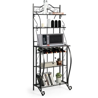GOPLUS 5-stöckiges Küchenregal aus Metall, strapazierfähiger Mikrowellenständer mit Stauraum & Weinwürfel für 5 Flaschen, Anti-Kipp-Vorrichtung, freistehendes Bäckerregal für Küche Esszimmer
