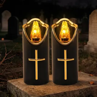 ASOFTY 2 Stück LED Grablichter für Draußen, LED Kerzen Grablicht, Grabkerzen, Wiederverwendbar Friedhofskerze Gedenkkerze, Grableuchte für Religiöse und Gedenken