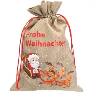 Idena 30525 - Weihnachtsgeschenkesack ca. 15 x 22 cm, Stoffbeutel mit Weihnachtsmann im Rentierschlittten und Aufschrift Frohe Weihnachten, Weihnachtssack mit roter Kordel