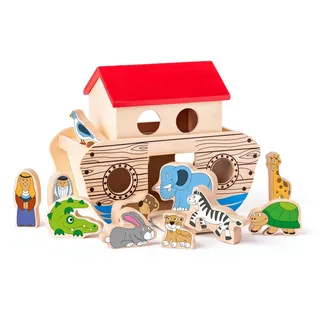 Woodyland Lernspielzeug Holz-Arche Noah - 2 Teile. Mit bunten Bausteinen in Tierformen, 2 teilige Arche