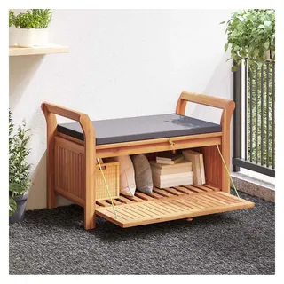 furnicato Gartenbank Sitzbank mit Stauraum aus Echtholz 91 x 50 x 60 cm Dunkelgrau, Kissenbox mit Polsterkissen und Armlehnen für den Gartenbereich braun|grau 50 cm x 60 cm x 91 cm