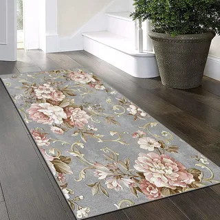 Rosa Blumenmuster Teppich Läufer Flur Rutschfest Waschbar 100x160cm Grau Teppich Für Küche Polyester Eingangsteppich Für Küche, Flur, Eingang, Esszimmer, Waschküche, Balkon, Schmutzfangmatte