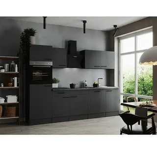 Respekta Olivia Küchenzeile  (Breite: 280 cm, Grau, Farbe Arbeitsplatte: Granit Optik, Mit Elektrogeräten, Schwarze Griffe)