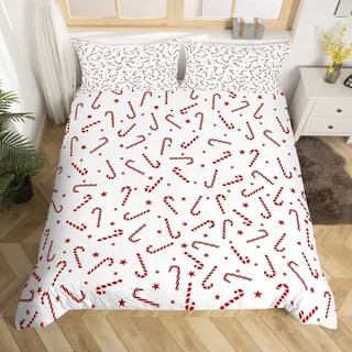 CCZM Weihnachten Bettwäsche 135x200 Zuckerstangen - Bettbezug 135 x 200 Sterne mit 2 Kissenbezüge 80x80 cm, Süßigkeiten Wendebettwäsche, Microfaser Bettwäsche mit Reißverschluss, E-1011