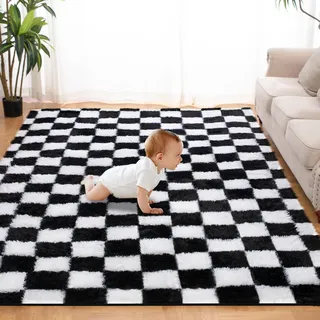 Puremy Wohnzimmerteppich, Flauschiger Schachbrettmuster-Teppich für das Wohnzimmer Deko, Hochflor Modern Shaggy Groß Teppich für das Schlafzimmer, Kinderzimmer, 160x220cm, Schwarz und Weiß