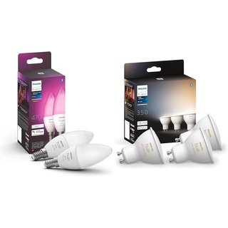 Philips Hue White & Color Ambiance E14 LED Leuchten 2-er Pack (470 lm) & White Ambiance GU10 Dreierpack 3x350lm, dimmbar, alle Weißschattierungen
