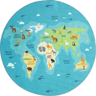 the carpet Happy Life Kinderzimmer, Kinderteppich, Spielteppich, Weltkarte, Erde, Tiere, Rund, Blau, 160 x 160 cm