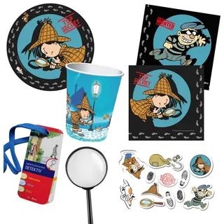 Partystrolche Kindergeschirr-Set Detektiv Flo Partyset "Sherlock" - Detektivparty 74 tlg., 8 Personen, Partyset für 8 Persosen