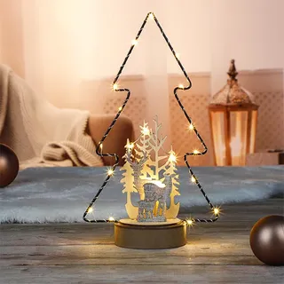 LED Metall Tannenbaum mit Holzdeko ca. 18 x 9,5 x 30,7cm mit 20 warmweißen LED