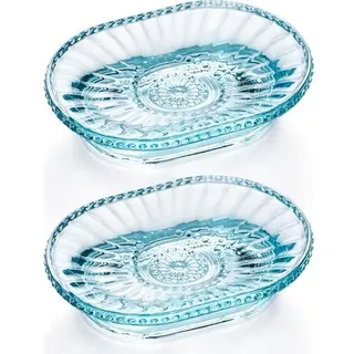 Seifenschale Aus Glas, Seifenschale Mit Prägung, Vintage-seifenbox (zweiteiliges Set Für Dusche Und Bad, Blau)