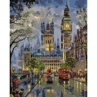 Artnapi Malen nach Zahlen Erwachsene ohne Rahmen | DIY Handgemalt | Regnerischer Abend in London | Kit für Anfänger und Erwachsene | Set inklusive Acrylfarben & Pinsel | 40x50cm Leinwand
