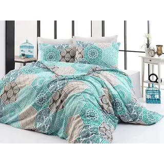 KESTEX Bettwäsche 135x200 cm – 2-teiliges Set mit Kissenbezug 80x80 cm, Renforcé, orientalisches Muster in Türkis/Beige, weich & atmungsaktiv mit Reißverschluss
