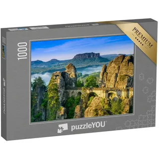 puzzleYOU: Puzzle 1000 Teile „Sonnenaufgang an der Bastei in der Sächsischen Schweiz, Deutschland“ – aus der Puzzle-Kollektion Natur, Brücken, Deutschland, Brücken & Brunnen, Sächsische Schweiz