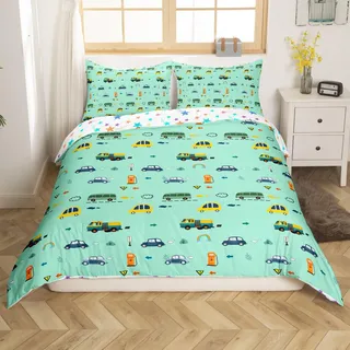 Loussiesd Fahrzeug Autos Drucken Bettwäsche Set 135x200cm Teens Auto Taxi Bus Bettbezug Set Kinder Zug Truck Druck Bettwäsche-Set Jungen Mädchen Schlafzimmer Dekor Bettbezug Grün mit 1 Kissenbezug