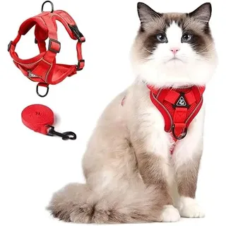 Skmeditec Katzengeschirr mit Leine Ausbruchsicher: Verbesserte Ausbruchsicher Weste mit Leine für große Katzen, kleine Hunde, Welpen, Spaziergänge, Weiche Jacke, Reflektierende Streifen,L Rot