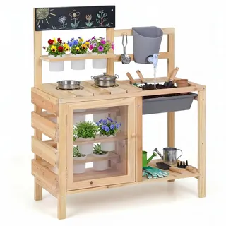COSTWAY Küchenspielzeug Kinder, Outdoor Spielküche mit Herd, Spüle, Wassertank,Pflanztöpfen&Kreidetafel,Holz Gartenspielzeug Kinderküche für ... - Naturbelassen