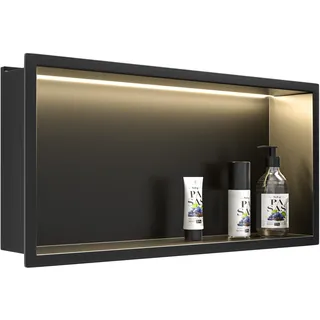 Bernkot Wandnische Dusche Edelstahl mit LED, Duschnische für Badumbau | Wasserdicht - Keine Fliesen Erforderlich, Badezimmer Lagerung, 30 cm × 60 cm Nische für Badrenovierung, Matt Schwarz