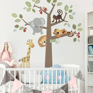 Wandtattoo Kinder - Deko Babyzimmer - Wandtattoo Kinderzimmer - Wandaufkleber Kinderzimmer - Dschungeltiere und Waldbaum - H90xL60cm