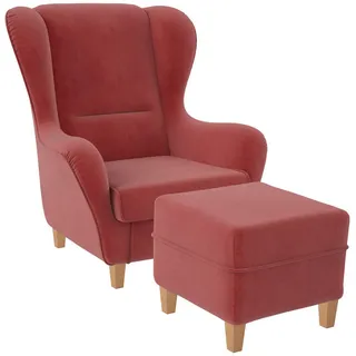 Supellex Ohrensessel Sofia Samt 92 x 68 x 95 cm Altrosa mit Hocker
