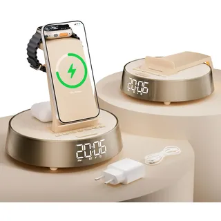 Wireless Charger für iPhone für Samsung, Radiowecker mit Bluetooth Lautsprecher Induktive Ladestation für Apple Watch, Kabelloses Ladegerät für AirPods mit Licht Nachtlampe