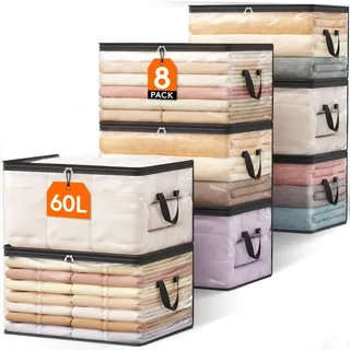 Lifewit 8er Pack Transparente Plastik Aufbewahrungstasche, 60L Kleiderschrank Organizer Aufbewahrungsbox mit Deckel Kleideraufbewahrung Umzugskartons mit Verstärkter Griff für Bettdecken, Kleidung