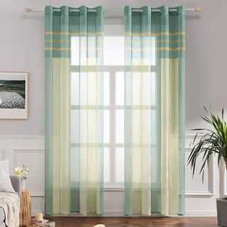 MIULEE Voile Vorhang Transparente Gardine aus Voile mit Ösen Schlaufenschal Ösenschals Transparent Fensterschal Wohnzimmer Schlafzimmer 2er Set 140x260 cm Grün + Gelb