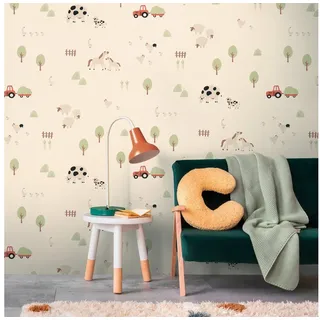 living walls Vliestapete Kids Studio Bauernhof – Tier Vliestapete für Kinder, glatt, naturalistisch, grafisch, Motiv, Bauernhoftiere mit Kühen, Pferden, Schafen und Traktor beige