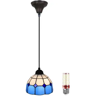 Uziqueif Pendelleuchte Vintage, Tiffany Style Hängeleuchte, 8 zoll Pendellampe Glas, Hängelampe für esszimmer, Wohnzimmer, Küche, Schlafzimme, Hängend Deckenlampe, Höhenverstellbar,Blau