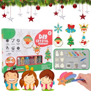 Donubiiu DIY Crystal Paint Arts and Crafts Set, Diamond Painting Keychains Kit, Bake-Free Crystal Color Glue Painting Pendant Toy, Arts and Craft Kits for Kids (Christmas)