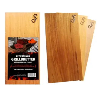 Räucherbretter im 3er Set aus reinem Zedernholz von „SJ“ – Grillbretter zum Grillen aus Red Cedar - 100% natürliche Aroma Holz Planken, Räucherplanke/Grillplanken zum Veredeln von Grillgut