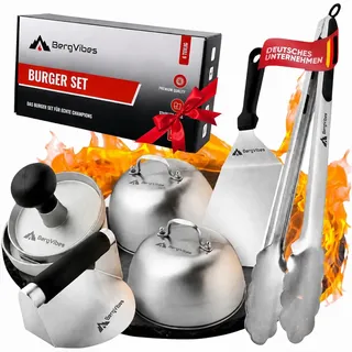 BERGVIBES Burger Smasher, Smash Burger Set 6 TLG. aus Edelstahl, Smash Burgerpresse,2 x Burgerhaube, Alu Burgerpresse, Plancher Spachtel, Smashed Burger Presse,Grillzange, Smasher, Plancha zubehör,