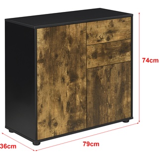 Sideboard Paarl 74x79x36 cm mit 2 Schubladen und 2 Schranktüren Schwarz/Eiche dunkel
