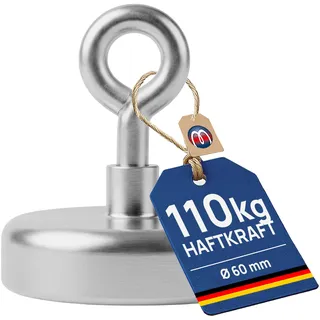 Ösenmagnet Neodym Magnet mit Öse Extra Stark 110 kg Ösenmagnete Ø 60 mm Magnethalterung Rund Magnethaken Magnete mit Haken für Küche Büro Werkstatt Magnetfischen Magnetangeln Camping Garage - 1 Stück
