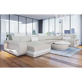 Sofa Dreams Wohnlandschaft Berlin U Form Mini Leder, Designersof, 6-Sitzer, LED-Beleuchtung, Couch, Kopfstützen, USB-Anschluss, Ottomane beige