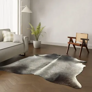 Wildlife Design Kuhfell Teppich – Schwarz-Grau. Großes Format 220×200 cm Premium Naturfell, nachhaltig & tierfreundlich + GRATIS Lederuntersetzer