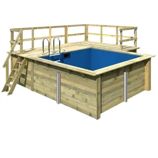 Karibu Rechteck Pool Gr. 1 - 350 x 320 cm - kesseldruckimprägniert Sparset mit Filteranlage Grundkörper inkl. Terrasse am Einstieg und seitlich