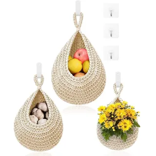 Geieold HäNgende ObstköRbe für die KüChe - 3Er-Pack Boho-WandhäNgeköRbe mit 6 Zur Aufbewahrung Von Obst, GemüSe und Kartoffeln