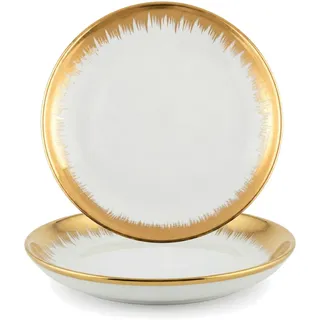 Design Essteller Set 2 Stück, 25,5 cm - Modernes Essteller Set mit edlem Goldrand – Luxuriöser Frühstücksteller, Servierteller für Pasta, Steak & Deko – Weiß & Gold-Geschirr für Küche & Tafel