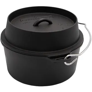 Grillfürst Dutch Oven ca. 6 Liter - stabil stehender Feuertopf mit flachem Boden ohne Füße, hitzebeständiger Gusseisen Topf, Deckel als Pfanne nutzbar, rund, DO 6