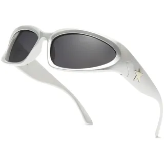 Long Keeper Polarisierte Sport Sonnenbrille Herren Damen Y2K Sonnenbrille Polarisiert Fahrradbrille Sportbrille Wrap Around Brille (Silber #Sternentempel, Dunkelgrau) - Einheitsgröße