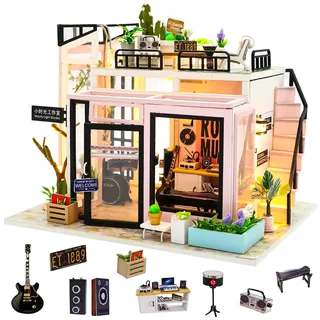 Spilay Miniatur Haus, Modernes Musikstudio Puppenhaus Holz | DIY Miniature House mit LED-Licht und Musikbox, 3D Puzzle für Erwachsene, Miniatur Bausatz, Regal Deko Geschenk