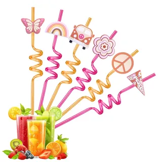 ZEBKEL 6er Set Boho Strohhalme Plastik Wiederverwendbar, Spiral Trinkhalme mit Hippie Retro Motiven für Kindergeburtstag & 70er Jahre Party Deko, Bunte Spiralstrohhalme mit Schmetterling & Regenbogen