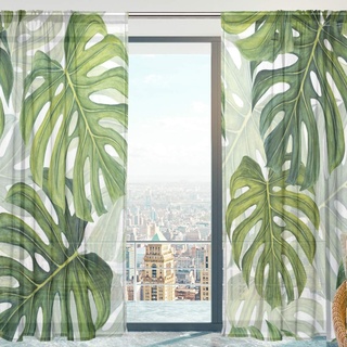 Mnsruu Window Gardinen, Tropical Muster Grüne Blätter Weiche Tüll Voile Vorhänge für Wohnzimmer Schlafzimmer 140 x 213 cm, 2 Platten