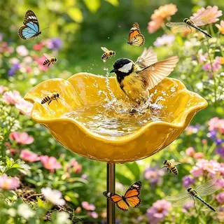 Vogelbad Aus Metall In Blütenform, Handgefertigter Gartenstecker, Insekten- Und Bienensicheres Winterbad Für Garten Und Terrasse, Gelb, 1 Stück