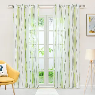 Delien Voile Gardine mit Streifen Design transparenter Vorhang mit Ösen Wohnzimmer Gardinenschals BxH 140x225cm Grün, 1 St.