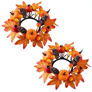 Skeadex Herbstdeko Kerzenringe für Stabkerzen,20/25cm Kerzenkranz Herbst mit Kürbis Ahornblatt Künstlich Herbstkranz Klein Herbst Tischdeko Mini Kranz Herbst Kerzenringe für Stabkerzen (D*2)