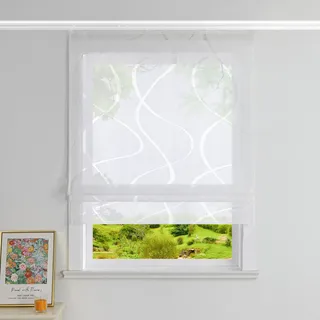 Heichkell Raffrollo mit Klettband Ausbrenner Design Transparent Vorhang Rollo ohne Bohren Schiene Raffgardine Modern Weiß BreitexHöhe 60x140 cm