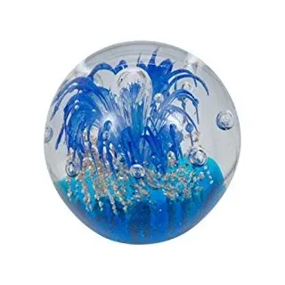 Traumkugel 232 (groß 9-10cm) blaue Blume über goldenen Grund - Glaskugel, Briefbeschwerer